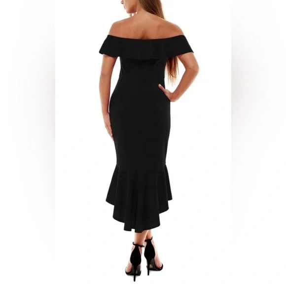 NWT EMERALD SUNDAE Sz L Womens Black Flounce Overlay H-lo Hem Midi Dress Juniors - Picture 2 of 9